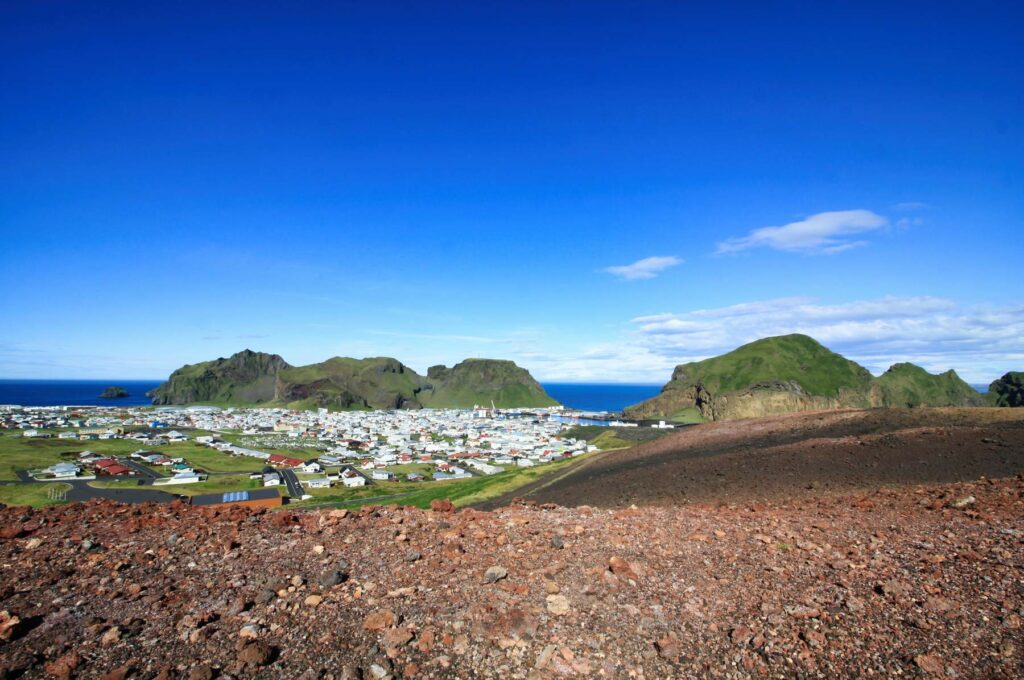 Heimaey town and harbour seen from the Eldfell volcano, Westman Islands, Iceland